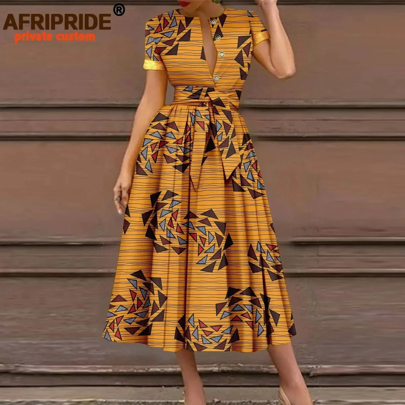 African Dresses for Women Short Sleeve High Waist Elegant Print Casual Outfits Midi Dress Dashiki Attire with Belt A2325003 - Fashion Couture
