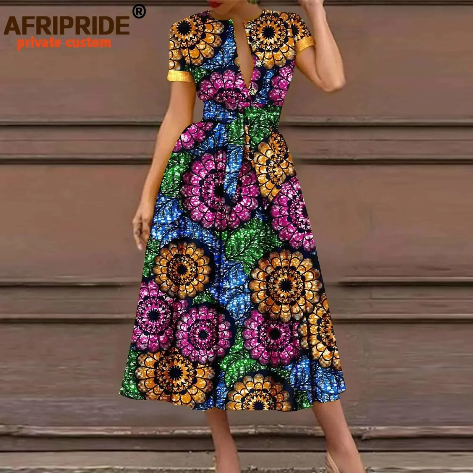 African Dresses for Women Short Sleeve High Waist Elegant Print Casual Outfits Midi Dress Dashiki Attire with Belt A2325003 - Fashion Couture