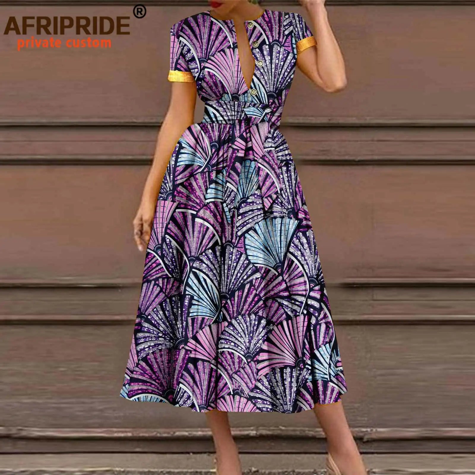 African Dresses for Women Short Sleeve High Waist Elegant Print Casual Outfits Midi Dress Dashiki Attire with Belt A2325003 - Fashion Couture