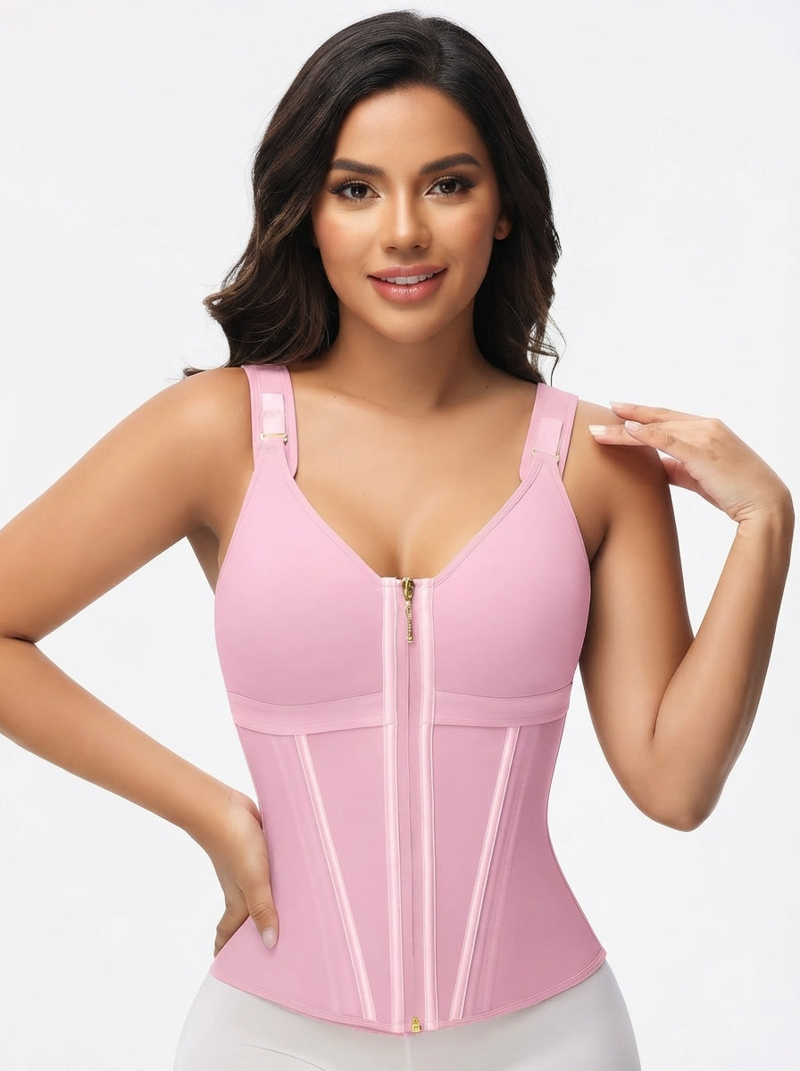 Full-face view of Fashion Couture mesh shaping bra vest with steel boning, available in XS to 3XL, designed for slimming and support.