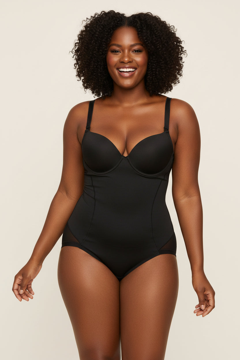 Seamless shapewear bodysuit by Fashion Couture with built-in bra, tummy control, and butt lift, shown on a model.