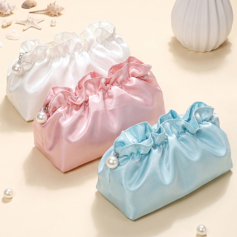Satin Ruffled Cosmetic Bag – Compact Travel Makeup Pouch | 11 Colours, Zip Closure