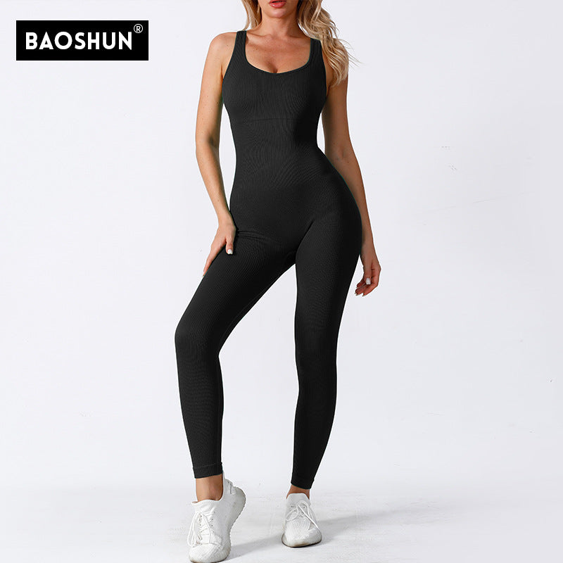 Fashion Couture seamless yoga jumpsuit, moisture-wicking activewear one-piece workout suit shown in a sleek, fitted design.