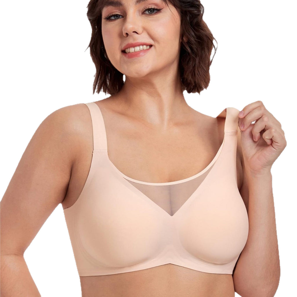 Seamless wireless minimizer bra by Fashion Couture featuring full bust support and all-day comfort, shown on a model.