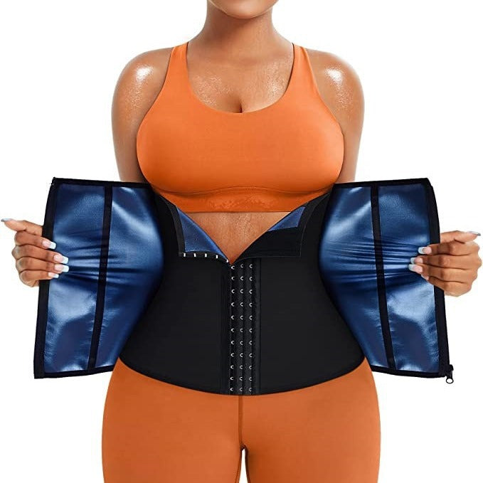 Fashion Couture neoprene waist trainer sweat belt for tummy control and core activation, shown in black with adjustable straps.