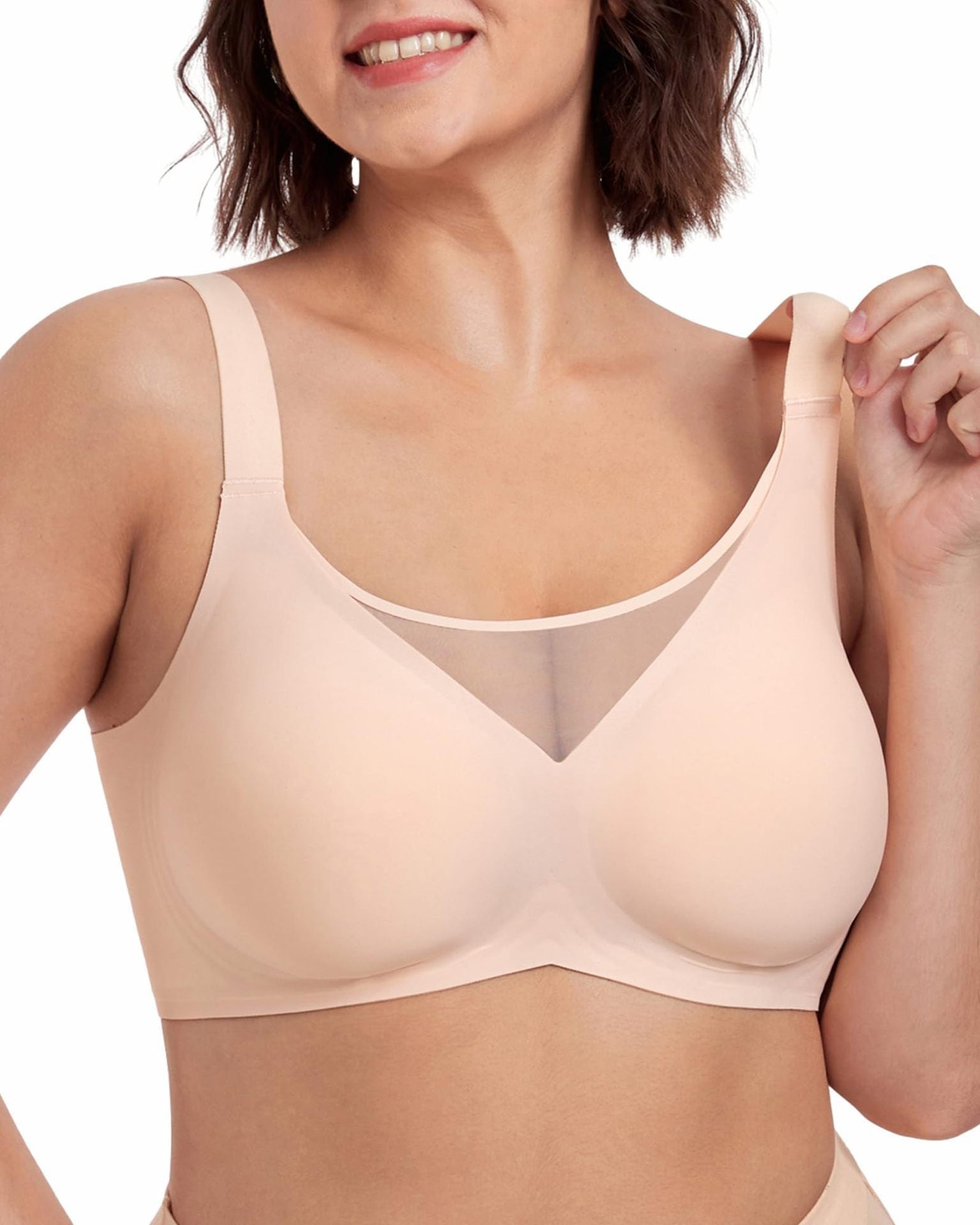 Seamless Wireless Minimizer Bra by Fashion Couture, full bust support, all-day comfort, soft nude fabric, front view.