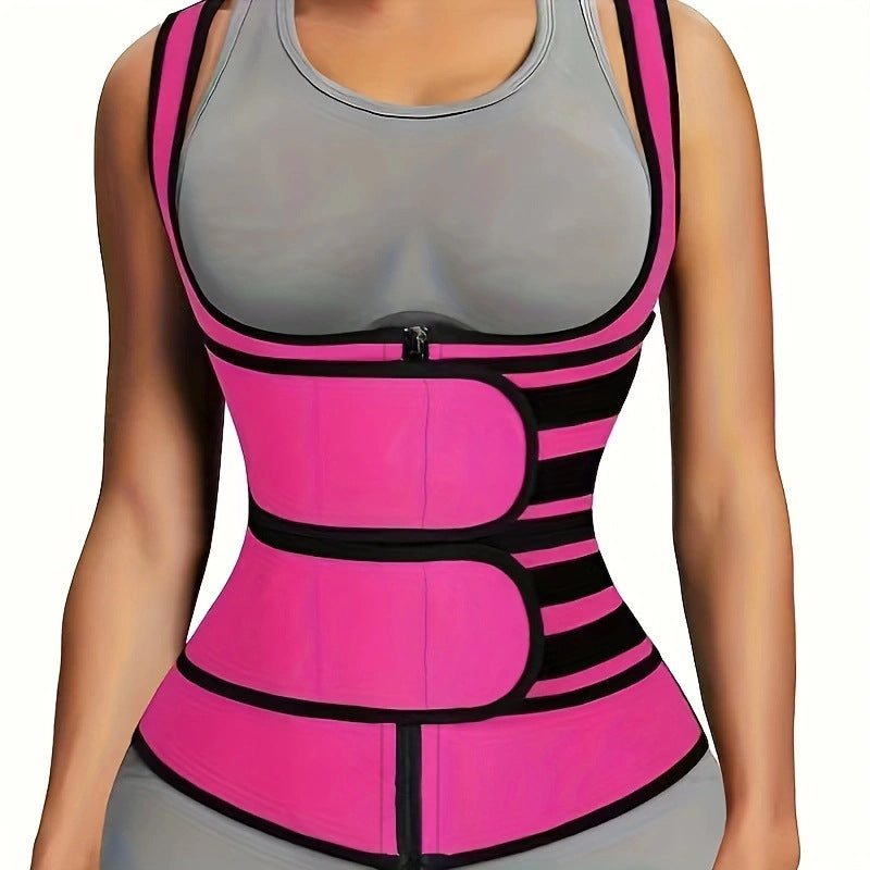 Fashion Couture waist trainer vest with adjustable belt, sweat-wicking shapewear for workout and body shaping.