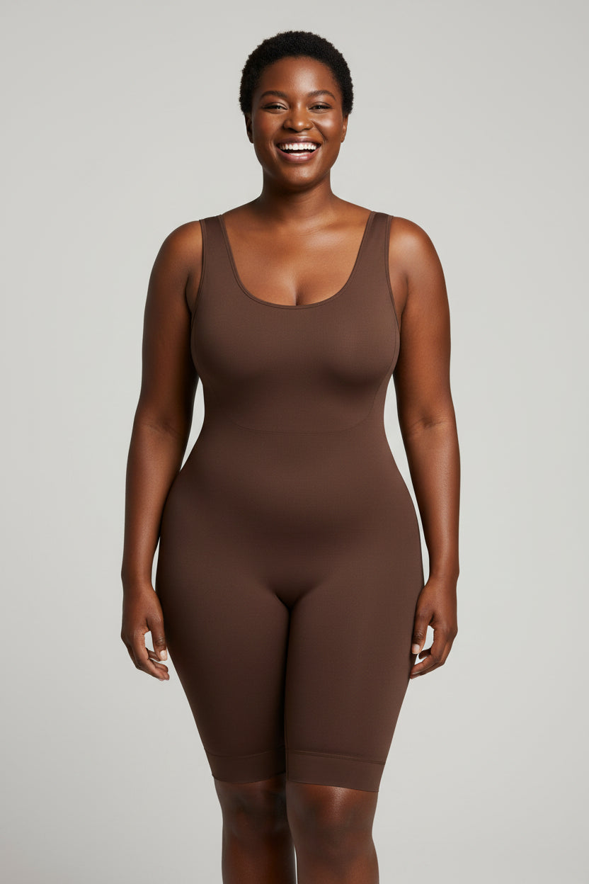 Fashion Couture body sculpting shapewear suit with abdominal support and butt lift design, shown on a mannequin.