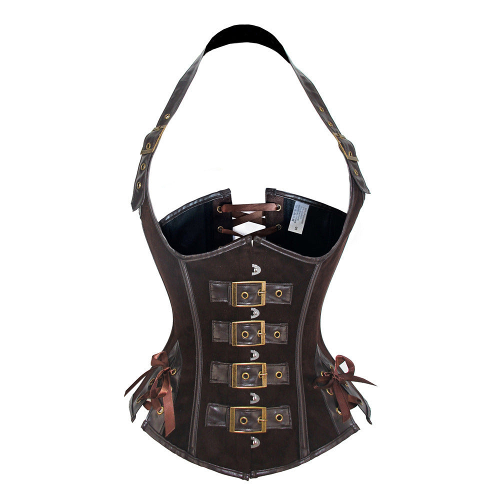 Gothic Steampunk corset by Fashion Couture featuring steel bones and PU leather waist cincher with gothic and steampunk design.