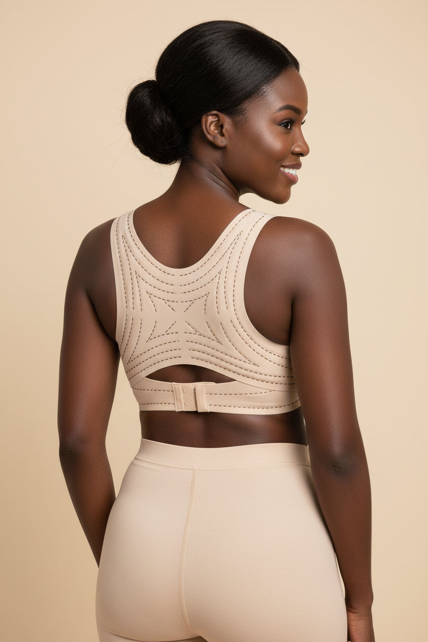 Fashion Couture posture correcting sports bra showing seamless back support and supportive design for sagging prevention.