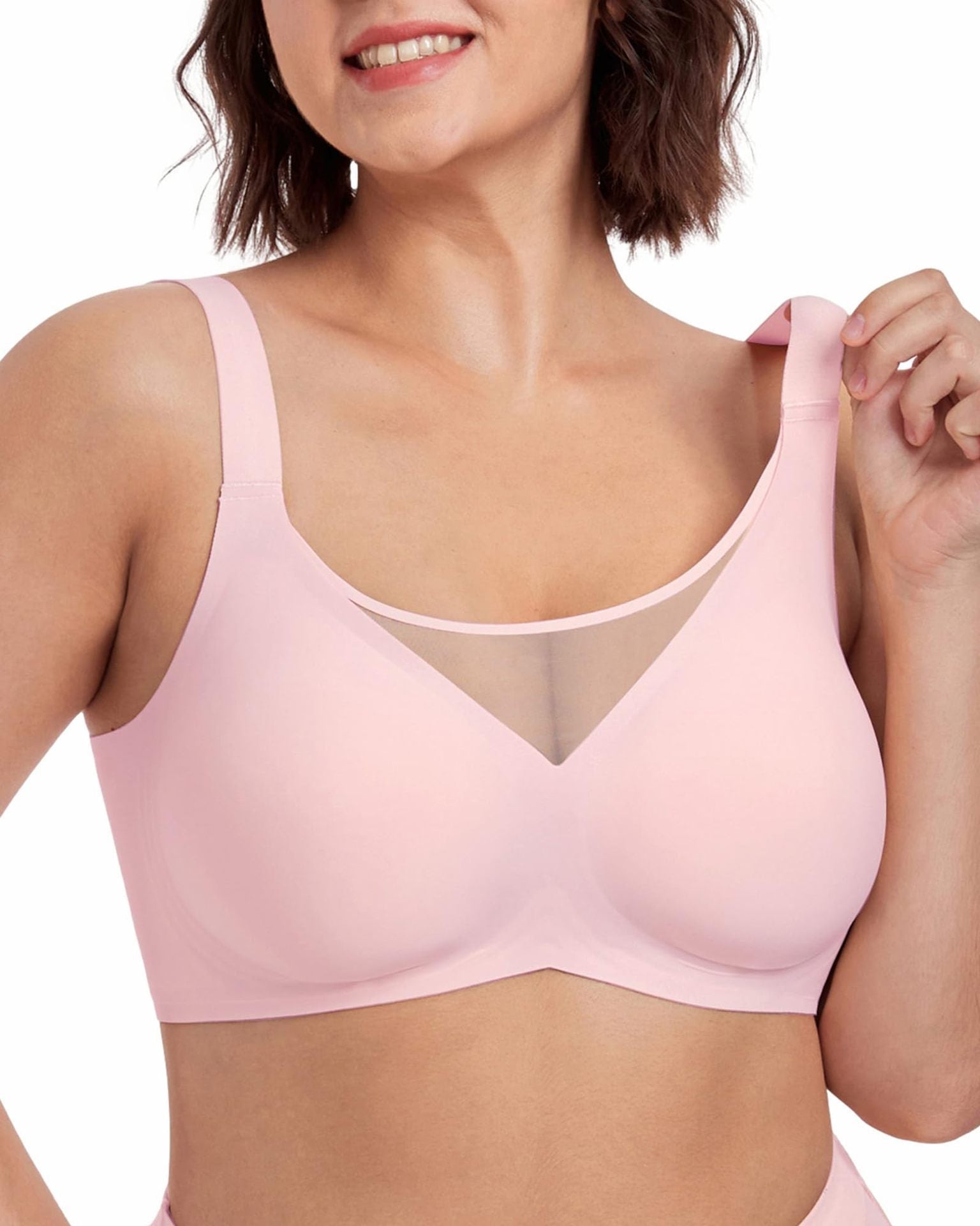 Fashion Couture seamless wireless minimizer bra showing full bust support, smooth fit, and comfortable shapewear design.