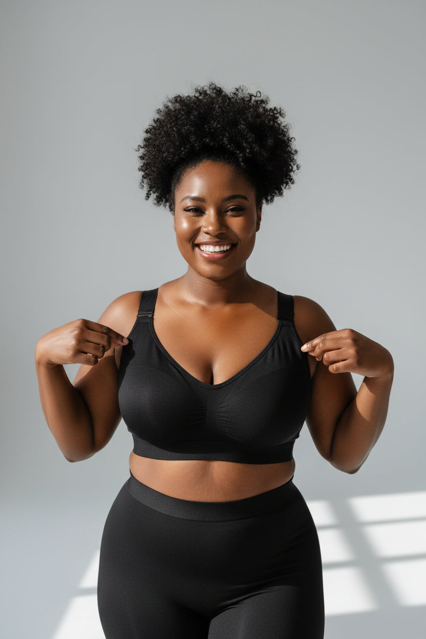Seamless black sports bra by Fashion Couture with back support and posture correction features, designed for comfort and sagging prevention.