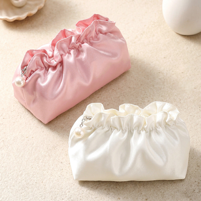 Satin Ruffled Cosmetic Bag – Compact Travel Makeup Pouch | 11 Colours, Zip Closure