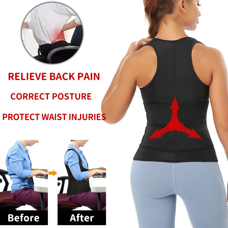 Fashion Couture waist trainer vest with adjustable belt, sweat-wicking shapewear designed to shape and support during workouts.