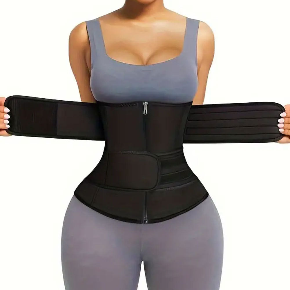 Fashion Couture waist trainer abdominal binder, double belt postpartum shapewear with compression wrap for tummy support.