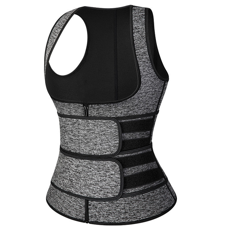Fashion Couture waist trainer vest with adjustable belt, sweat-wicking workout shapewear designed for shaping and support during exercise.