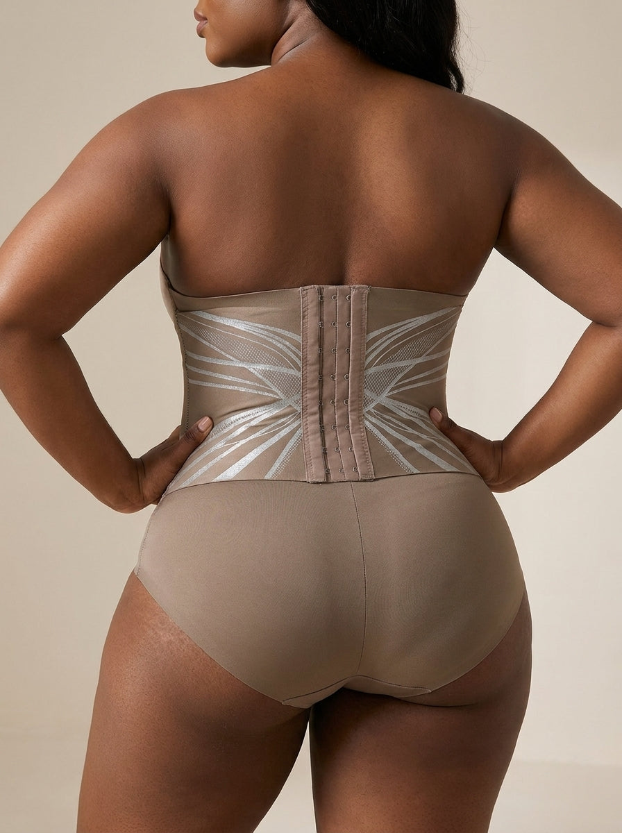 Fashion Couture high-waisted shapewear shorts with tummy control and butt-lifting design, shown on a model.