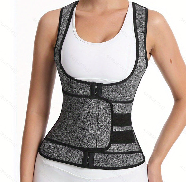 Fashion Couture waist trainer vest with adjustable belt, sweat-wicking shapewear designed for workout and body shaping.