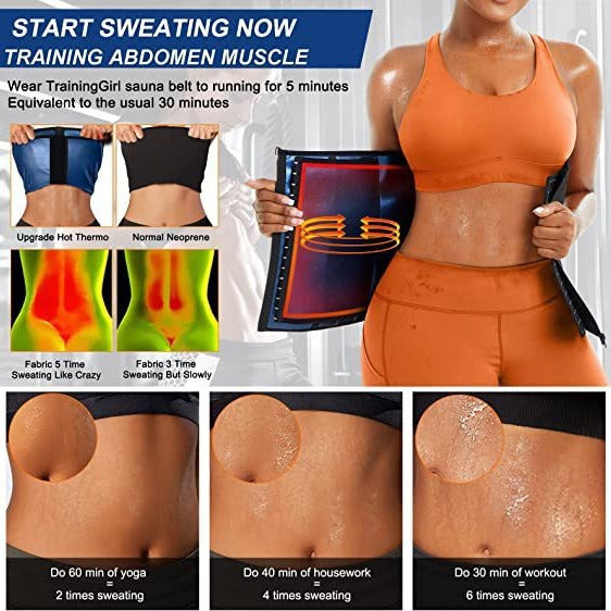 Fashion Couture neoprene waist trainer sweat belt for tummy control and core activation, shown on a model waist.