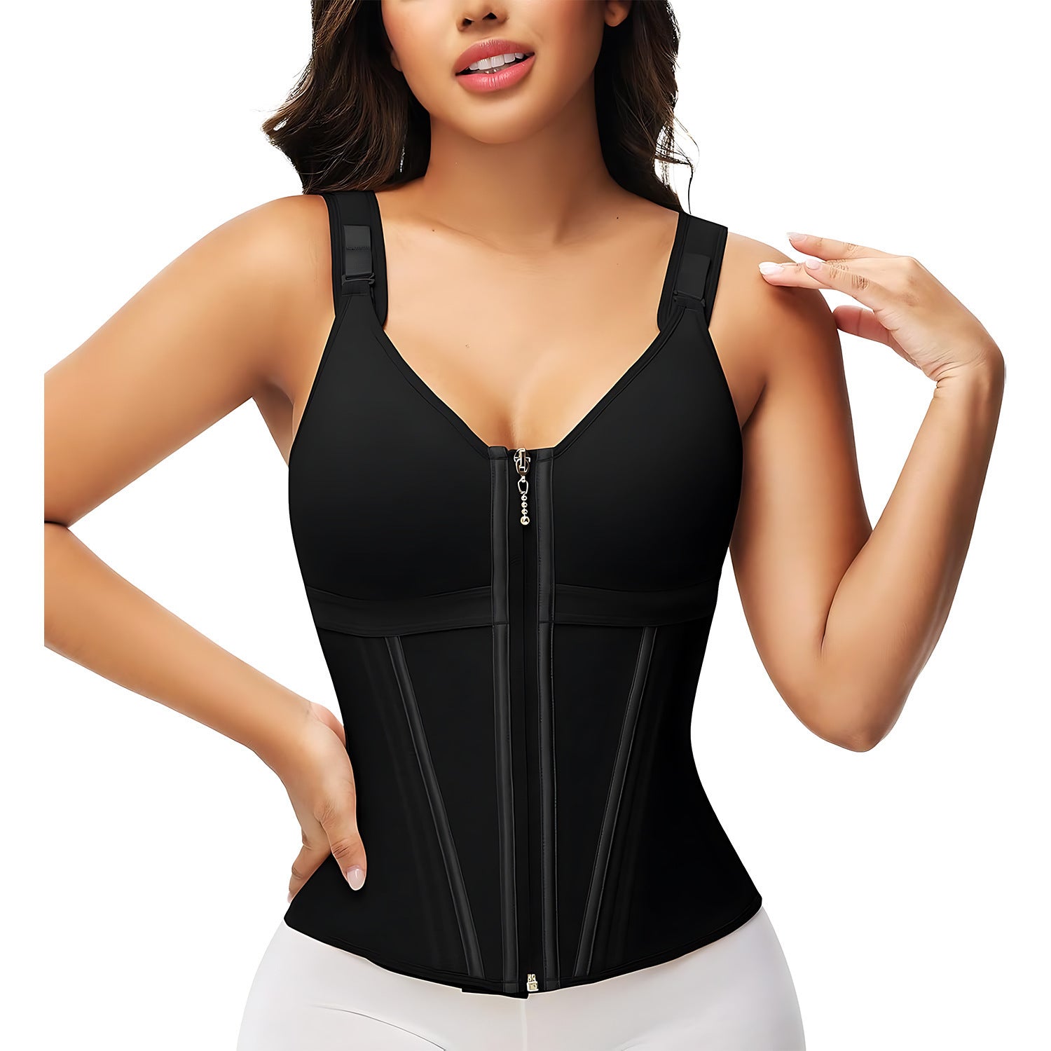 Mesh breathable shaping bra vest from Fashion Couture with steel bones, waist and bust support, designed for comfortable shapewear.