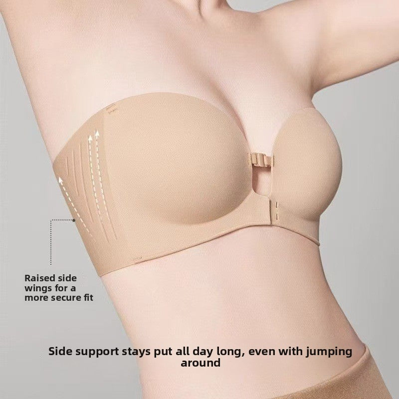 Beige bra with side support on a gray background