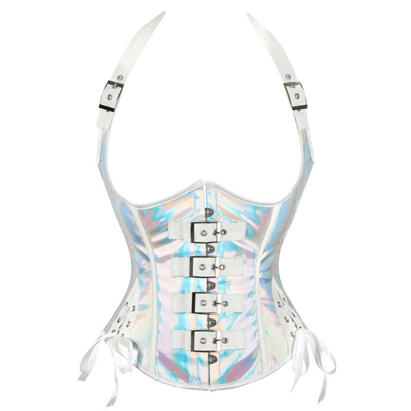 Gothic steampunk corset by Fashion Couture featuring steel bones, black PU leather, and lace-up design for waist shaping.