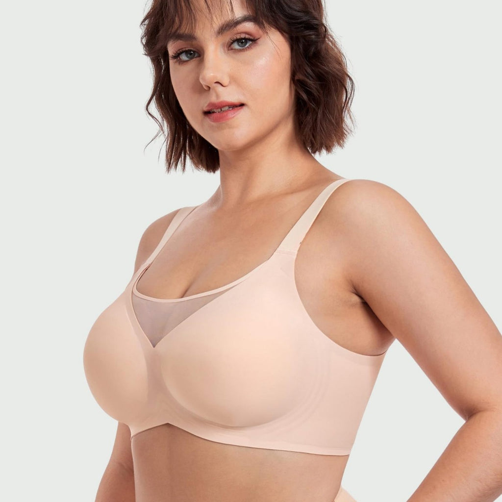 Seamless Wireless Minimizer Bra by Fashion Couture, full bust support, smooth shapewear for all-day comfort, shown on a model.